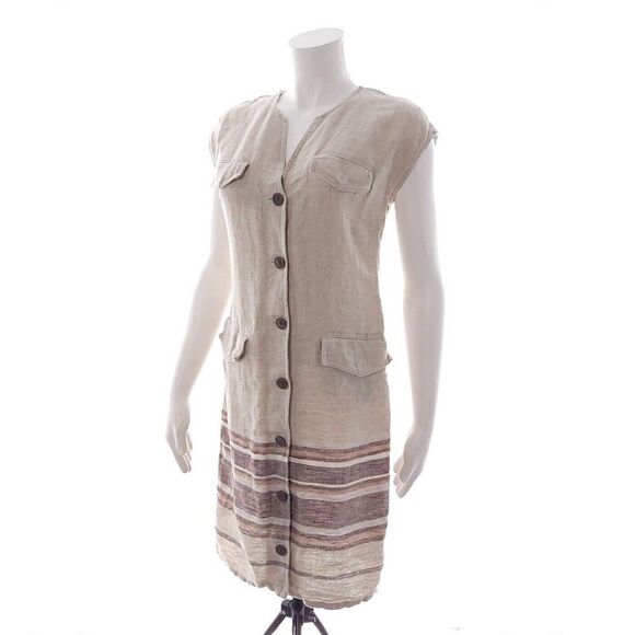 Tommy Bahama Beige Tan Solid Button Front Snap Pockets Linen Shirt Dress - Picture 1 of 9